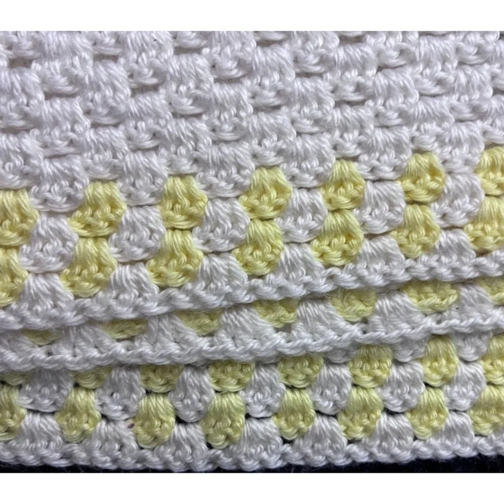 Vtg Crocheted Afghan White Yellow Flower Granny Square Blanket  58x72 Soft Throw